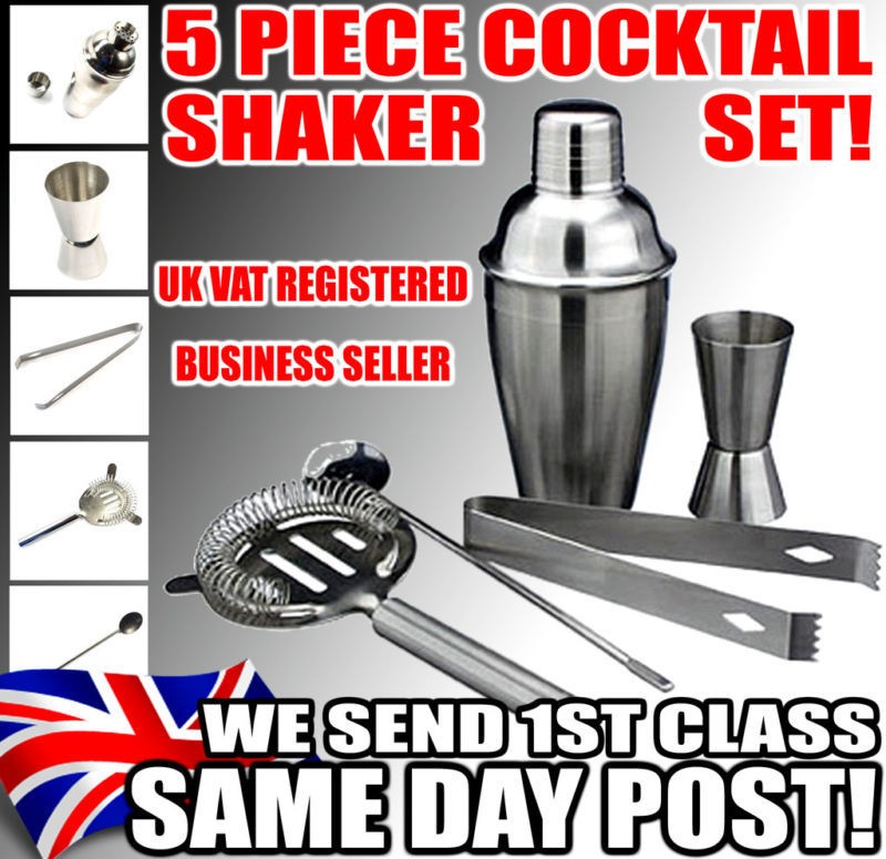 NEW 5pc Stainless Steel COCKTAIL SHAKER SET inc Jigger