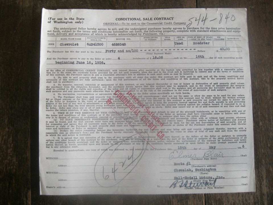 Original Loan Paperwork From 1936 for Used 1928 Chevrolet Roadster B 