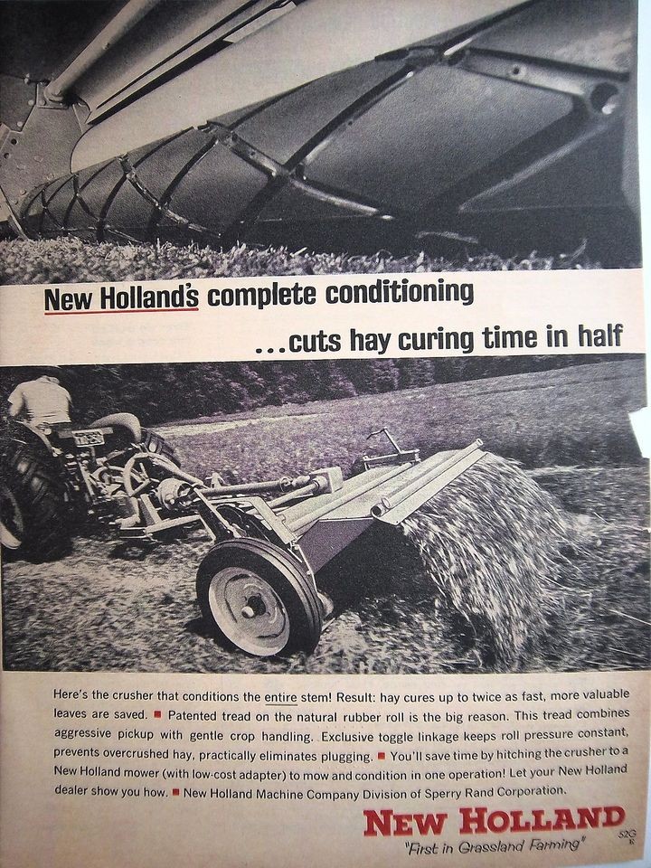 1965 New Holland Tractor and Mower Cuts Hay Curing in Half Ad