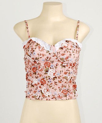 Old Rose Floral Lace Trim Rockabilly Crop Pad Bustier Bra Bralet Tank 