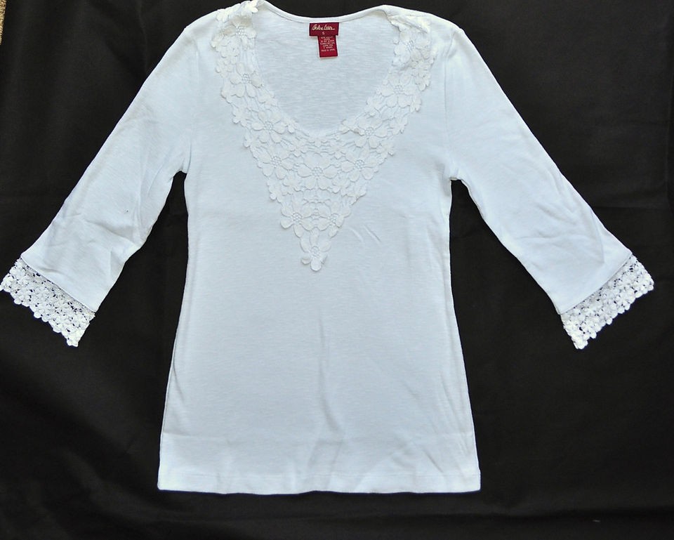 Barbara Lesser Womens 3/4 Sleeve Crochet Shirt Floral Knit Top White 