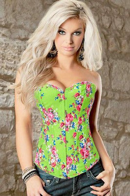 Sexy Burlesque Green Floral Print Boned Vintage Style Corset S/M/L/XL 