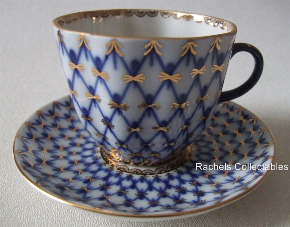 NEW LOMONOSOV RUSSIAN COBALT NET DEMITASSE COFFEE CUP & SAUCER