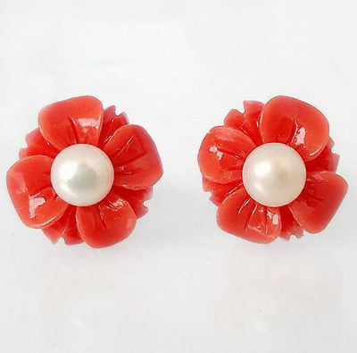   CORAL FLOWER PEARL 925 SILVER CHRISTMAS STUD EARRINGS JEWELRY N4348