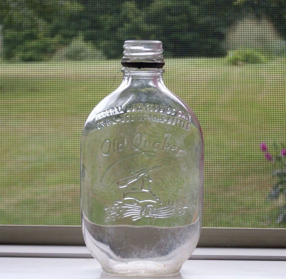 Vintage Clear Embossed Flask Whiskey Bottle OLD QUAKER