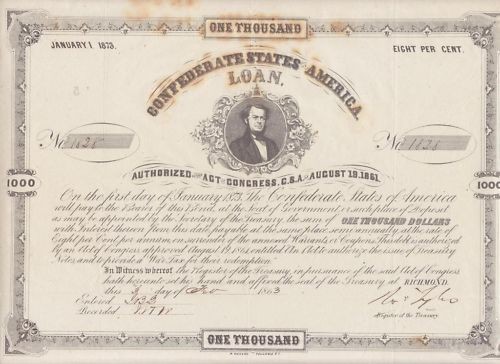 1863 confederate states of america csa loan $ 1000 from