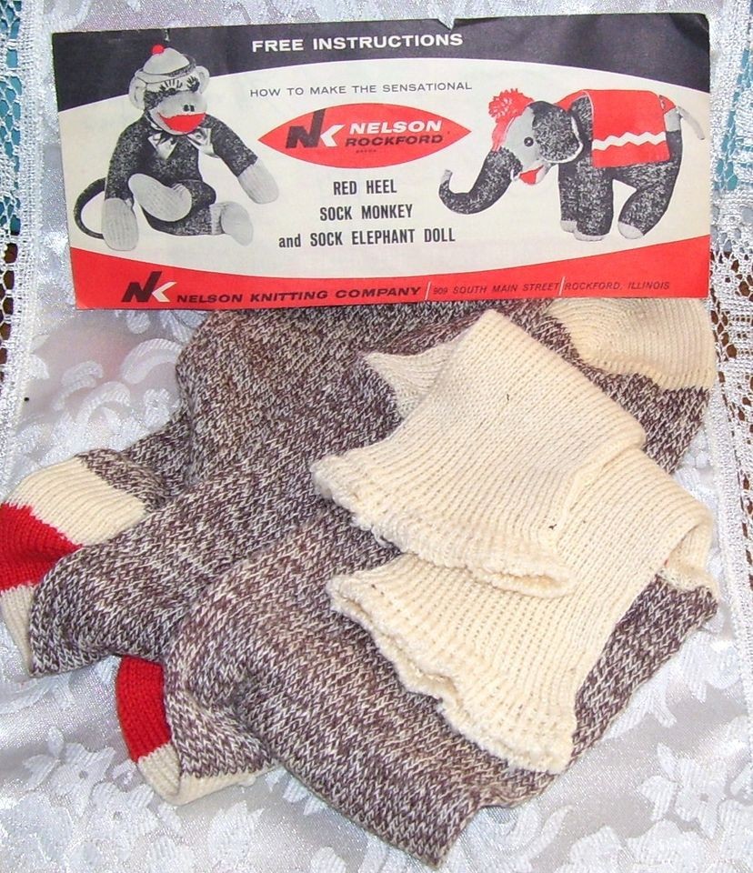 VINTAGE NELSON ROCKFORD SOCK MONKEY ELEPHANT PATTERN INSTRUCTIONS + 2 