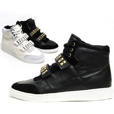 Mens Black White Studded Straps High Top Sneakers Shoes / Gold Silver 