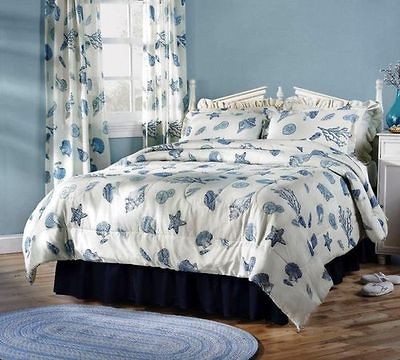 Full/Queen Seashell Comforter Nautical Decor White Blue Room