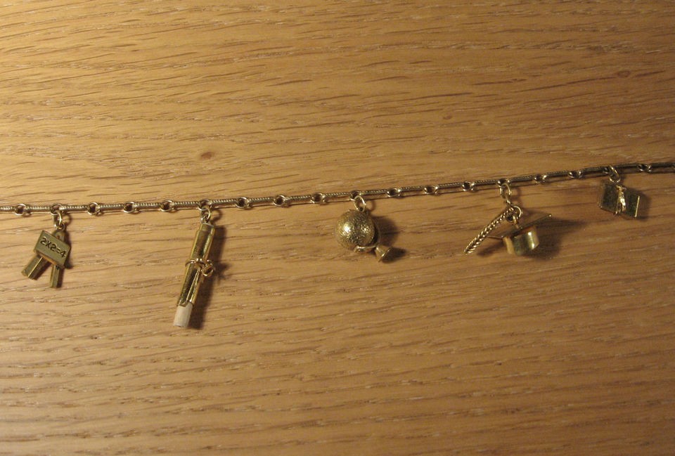   School Days Charm Bracelet 1930s Brass Metal Diploma Grad Cap Movable