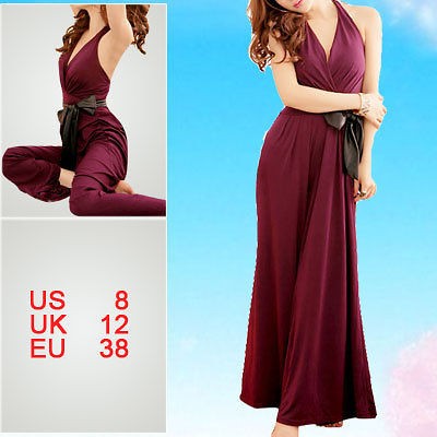 Woman Deep V Neck Backless Stretchy Halter Jumpsuit Burgundy/Gray 