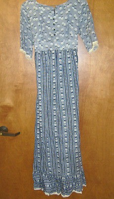   Colonial Reenactment Costume Long Dress Blue Flower Pattern Pre Owned