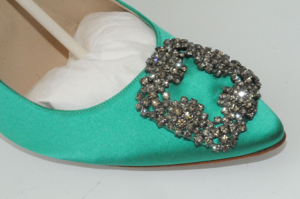 New MANOLO BLAHNIK JEWELED Emerald Green Satin Hangisi SHOES 40.5 10 