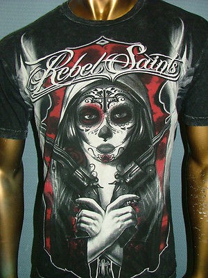 REBEL SAINTS by AFFLICTION Black GUN FIGHT Biker MMA UFC TATTOO T 