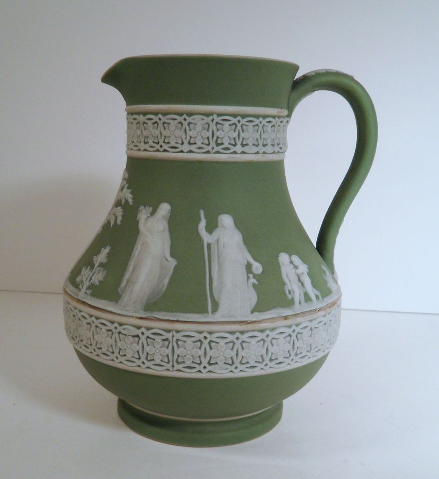   LIGHT GREEN JASPERWARE PITCHER MAIDENS & CHERUBS   ENGLAND ONLY