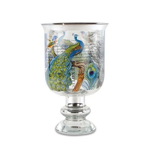 MICHEL DESIGN WORKS PEACOCK HURRICANE VASE, 6.7 D X 10.6 H