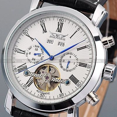 White Mens Automatic Mechanical Tourbillion Date Black Leather Wrist 