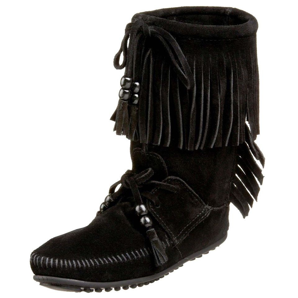 NEW WOMENS MINNETONKA MOCCASINS BLACK SUEDE WOODSTOCK FRINGE BOOTS 