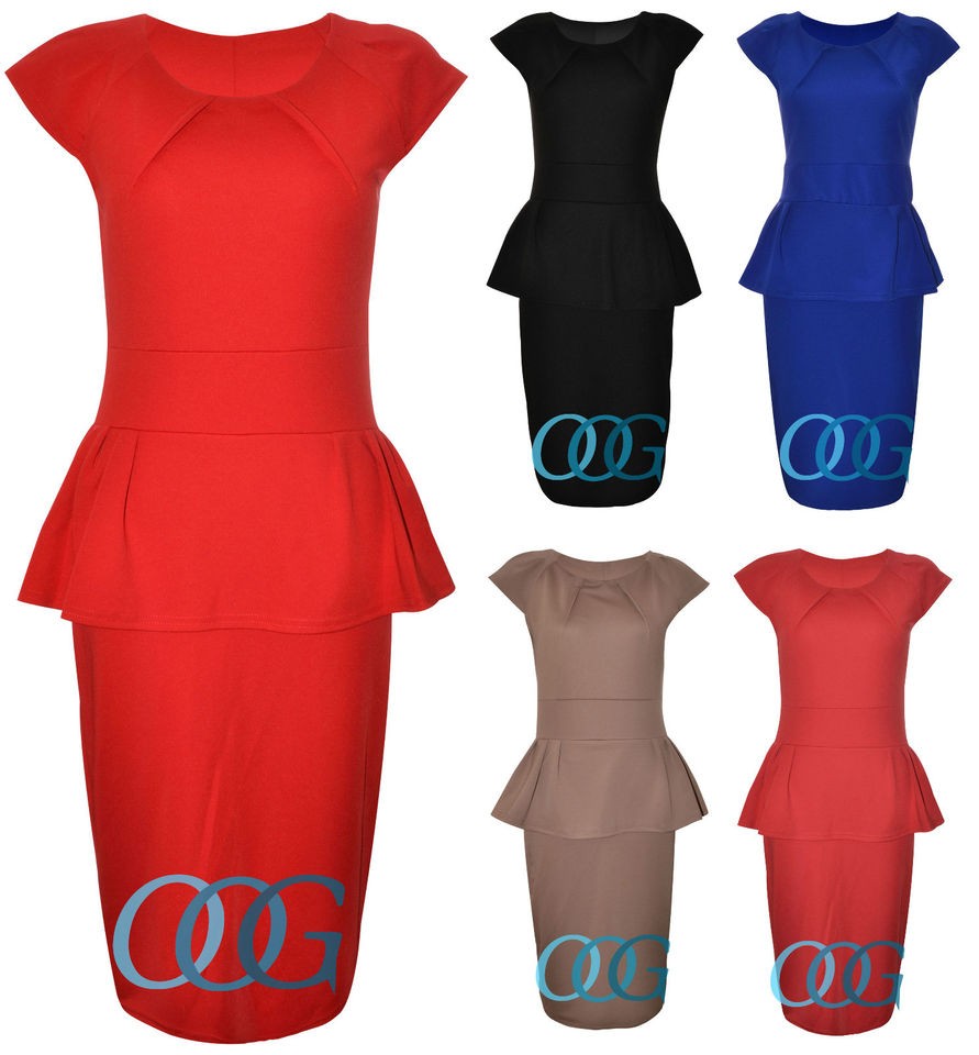 Womens Ladies Cap Sleeve Midi Knee Length Frill Shift Peplum Bodycon 