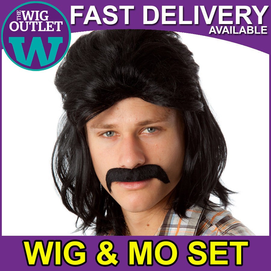 80s BLACK MULLET WIG & MOUSTACHE SET Mens Bogan Reg Reagan Costume 