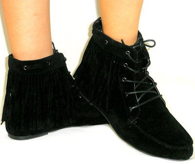 Cherokee Indian Moccasin Fringe Tassel *Flat Boots Suede Ankle Bootie 