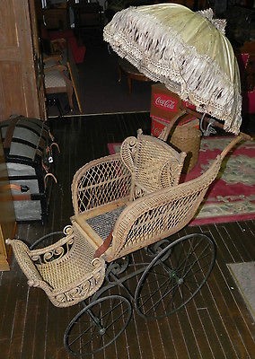 Antique WICKER Baby Stroller Carriage Buggy w/Parasol Umbrella 