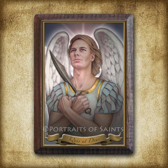 saint st michael the archangel wood plaque icon 5 x