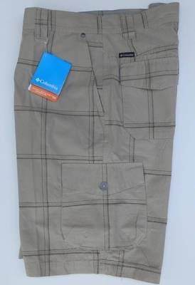 New COLUMBIA mens $65 UPF 50 khaki tan plaid cargo shorts 34 36 40 44 