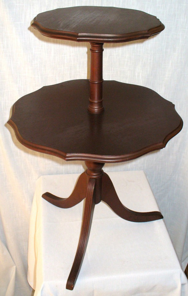   MAHOGANY 2 TIER DUMBWAITER / TEA PIE CRUST TABLE ON 3 LEGGED PEDISTAL