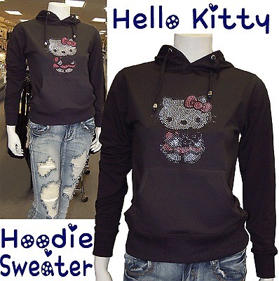 Cute Hello Kitty Sweater with Hoodie,Lot Studs,Elastic Waist Black 