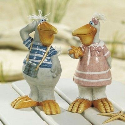 Set of 2 Pelican Statues Seaside Beach Nautical Home Accent Decor NEW