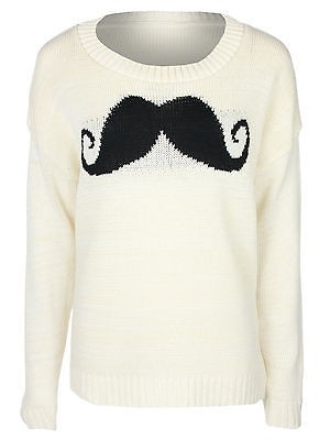 14E LADIES CREAM LONG SLEEVE MOUSTACHE PRINTED WOMENS JUMPER TOP 8 14