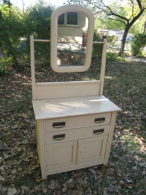 Antique Solid (Painted) Oak Wash Stand With Swivel Mirror