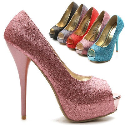   High Heels Open Toe Glitter Pink Platforms Pumps Stilettos US 6.5