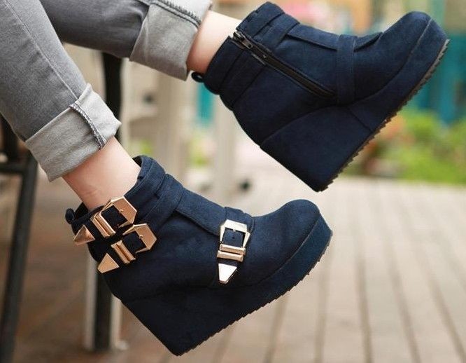 Womens Metal Buckle Winter Warm Ankle Boots High Heel Platform Wedge 