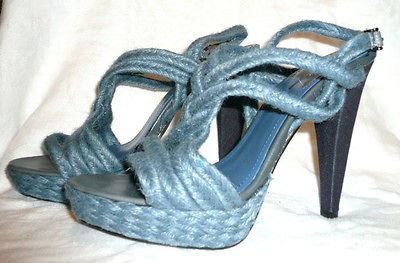 SALE 7 For All Mankind Denim Blue Woven Straw Sexy Platform Sandal 