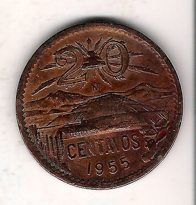 VERY NICELY DETAILED BETTER GRADE 1955 MEXICO MEXICAN 20 CENTAVOS COIN