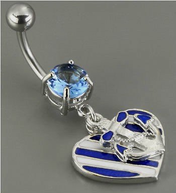   Lovers ~ ANCHOR & HEART~ CZ Belly Navel Ring ~* FREE TOP GEM BALL