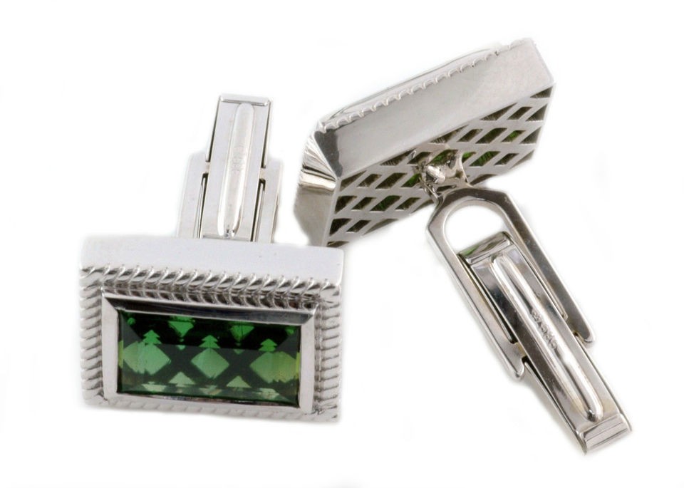 New Mens 14K White Gold Green Tourmaline Cufflinks ACC1040