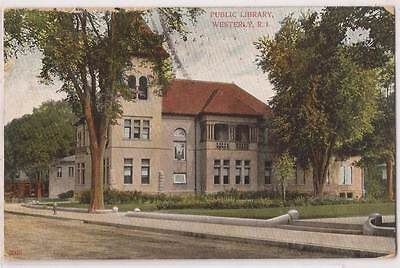 1908 Westerly Rhode Island Postcard Public Library, Street View w/ RI 