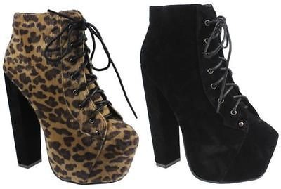 NEW WOMENS LEOPARD/BLACK LACE UP CONCEALED PLATFORM HIGH BLOCK HEEL 