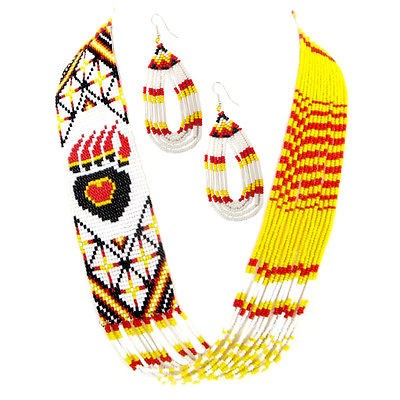 YELLOW RED BLACK SEED BEADED BEAR PAW BEADWORK NECKLACE EARRINGS N38 