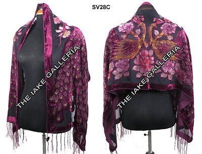 PINK Burnout Peacock Peony Pattern Vintage Style Silk Velvet Shawl 