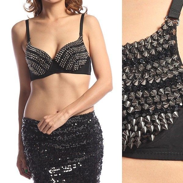 MOGAN Push Up SPIKE BEADED BRA Sexy Punk Studded Embellished Bandeau 