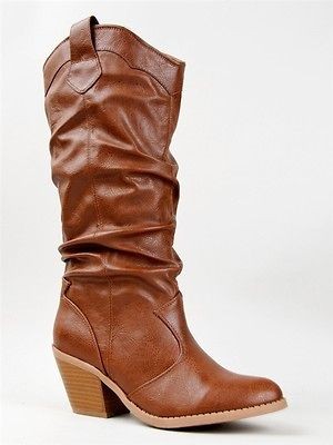 NEW QUPID Women Slouchy Mid Calf Stacked Heel Western Boot tan sz 