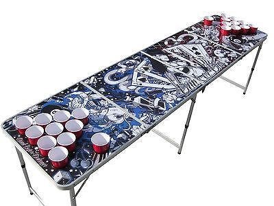 Portable Tattoo beer pong table w HOLES (dragons koi skulls cards guns 