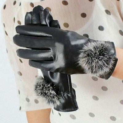 Luxury Sheep Leather&Cute Rabbit Hair Fur Ball Glove Work/Sport/Travel 