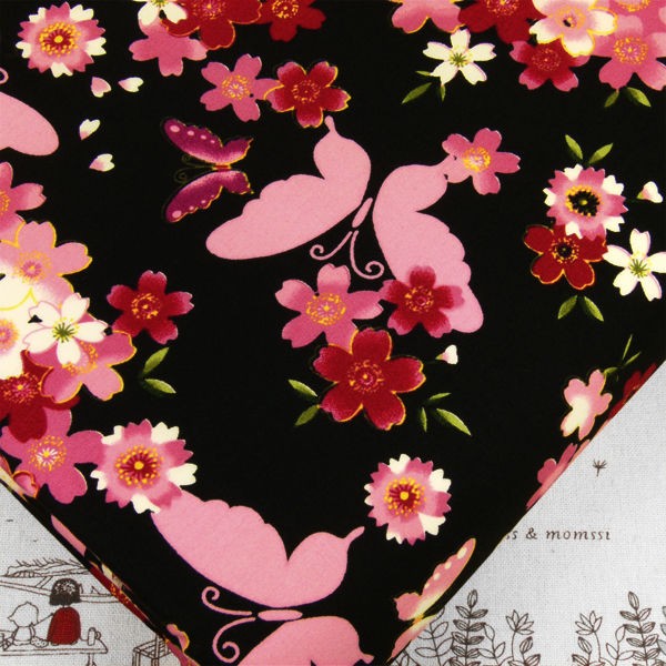   & PINK SAKURA FLOWER in BLACK 100% COTTON FABRIC DRESS CLOTH K113