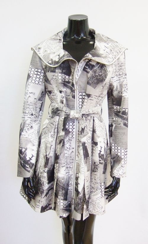 samuel dong newspaper print black white coat nwt