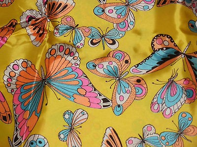   Butterflies Hippie Mod Satiny Yellow Fabric Material Clothing Crafts